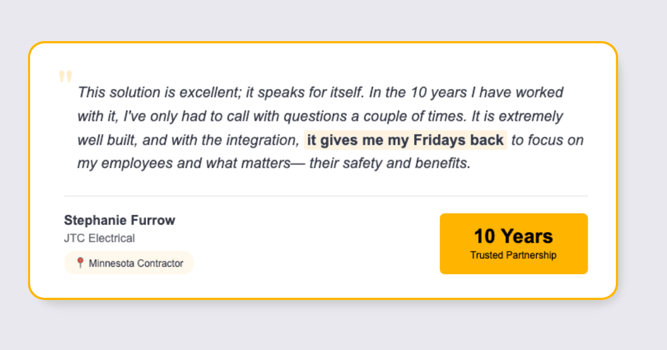 An image showcases a testimonial from Stephanie at JTC Electrical