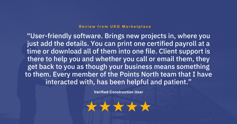Testimonial from a verified construction user on the UKG marketplace