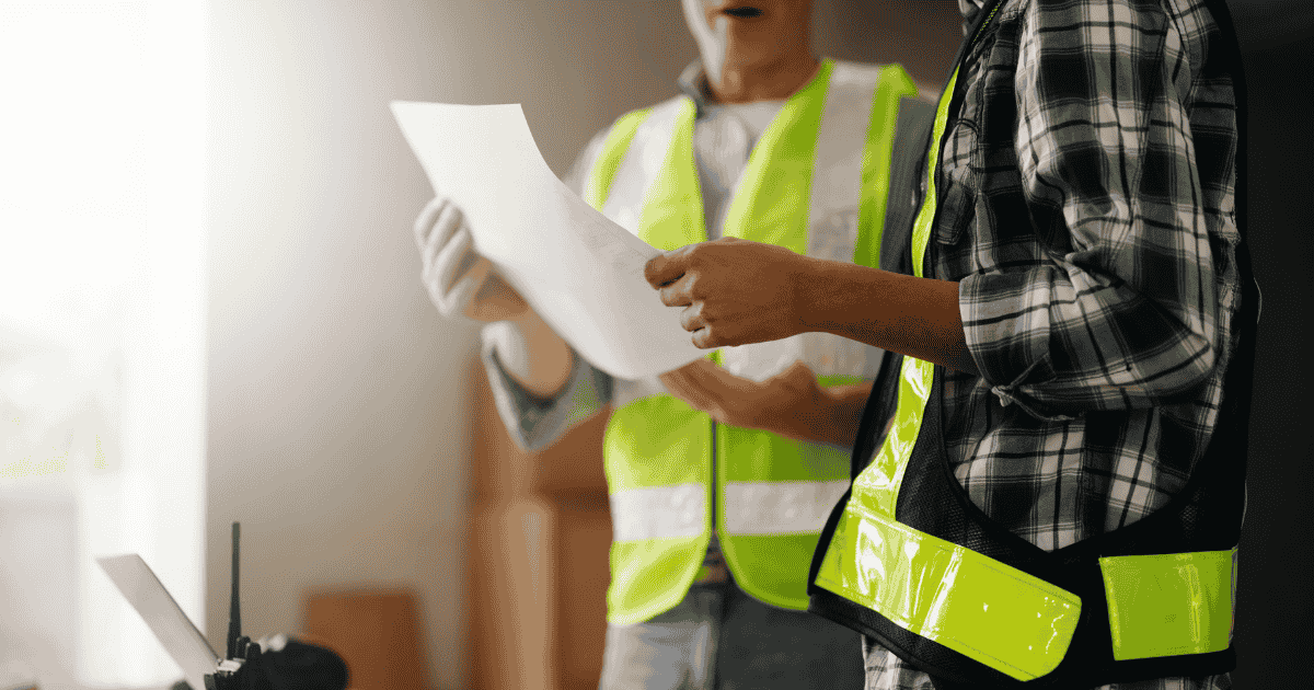 Two contractors on a site reviewing paperwork