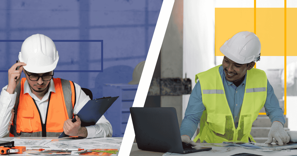 A split screen compares a photo of an overwhelmed contractor with a blue background and a photo of a happy contractor with a yellow background