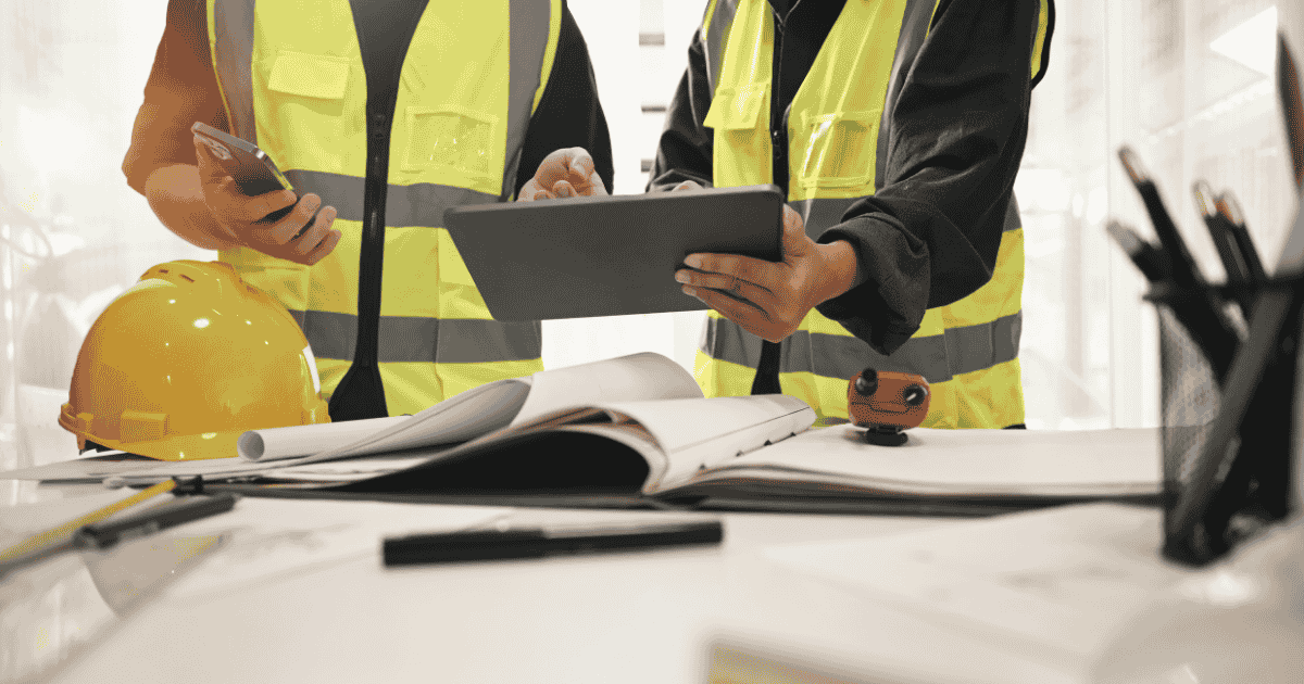 Two construction workers looking at paperwork and a tablet on a table